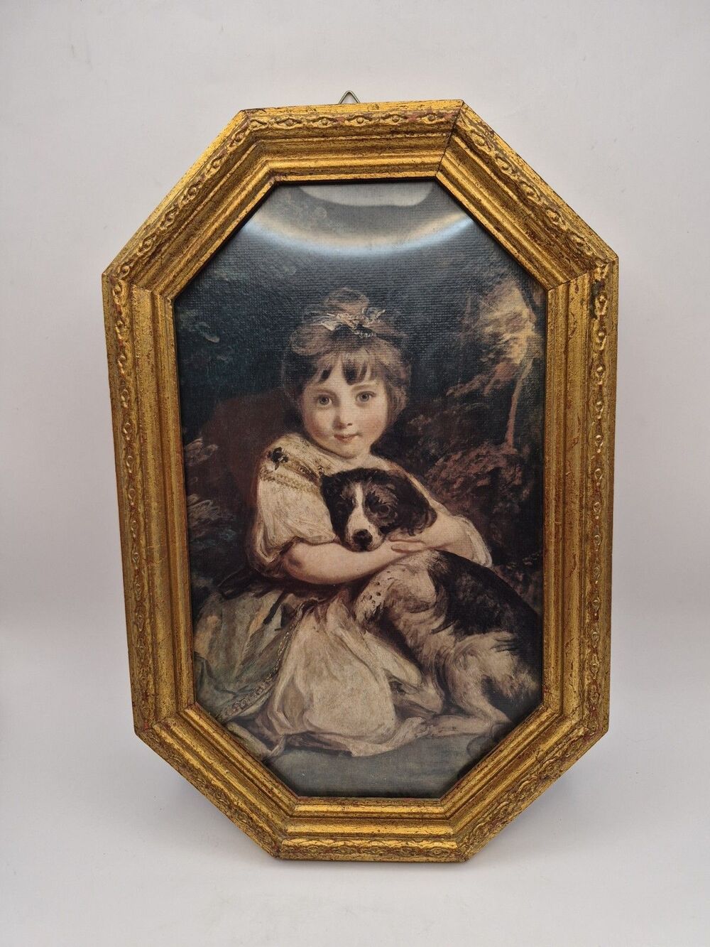 Vintage Italian Florentine Octagonal Picture Girl with dog Gilt Frame 13.5" x 9"
